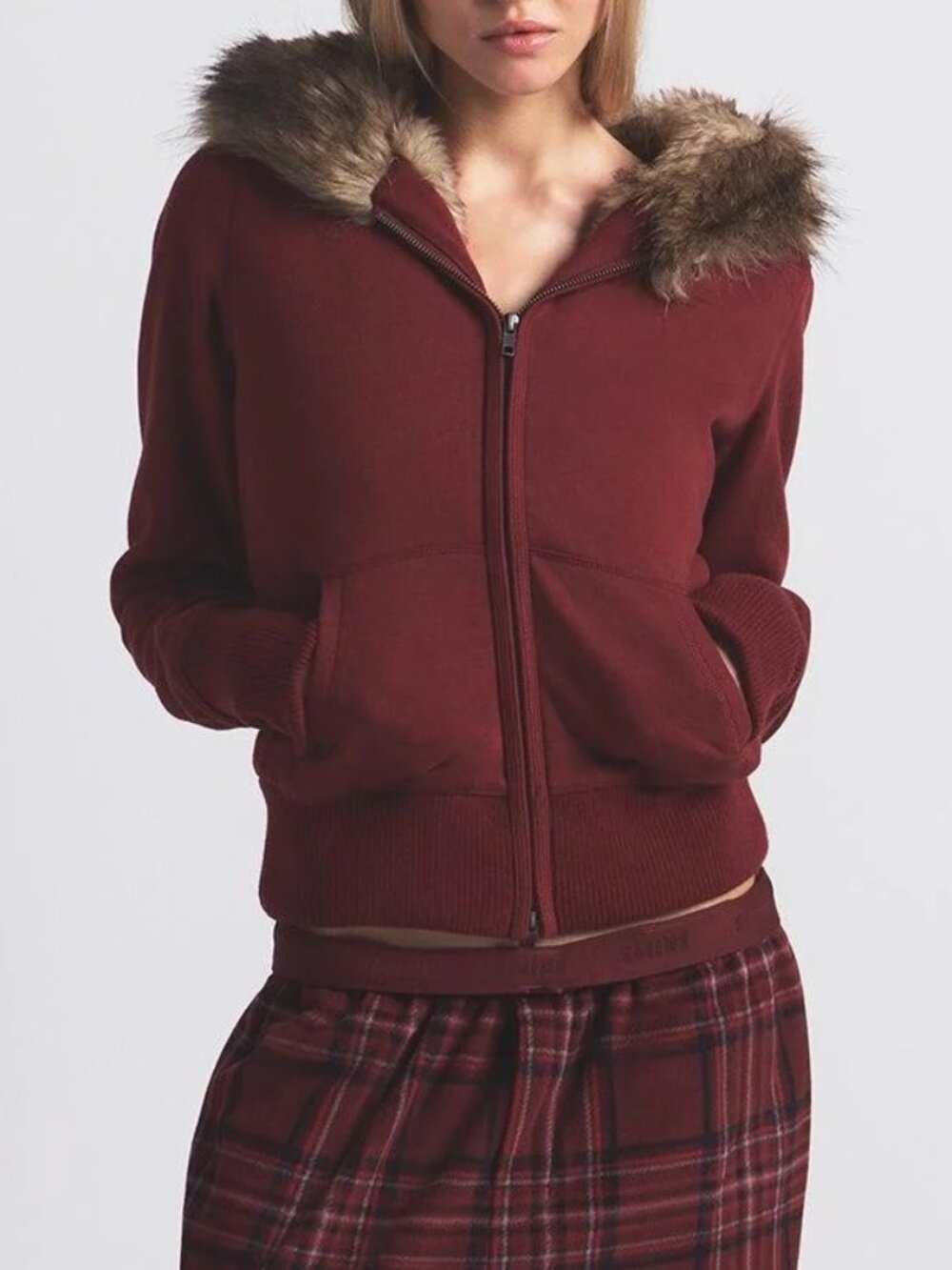 🌸 SKIMS Cotton Fleece Fur Lined Zip Up Hoodie | Merlot | S | NWT 🏷️